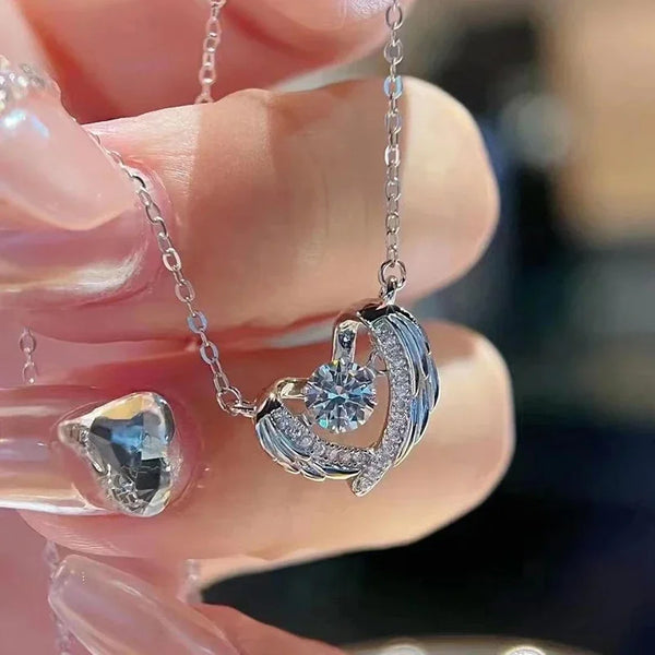 Huitan Novel Angel Wings Heart Pendant Necklace for Women Romantic Sparkling CZ Neck Accessories Trendy Wedding Party Jewelry