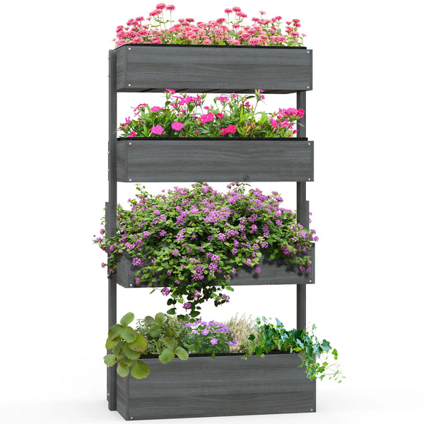 Outsunny Vertical Garden Planter, Wooden 4 Tier Planter Box, Self-Draining with Non-Woven Fabric for Outdoor Flowers, Gray