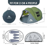 Green & Grey 110*78*51''4 Person Easy Pop Up Tent Waterproof Automatic Setup 2 Doors-Instant Family Tents for Camping Hiking & T