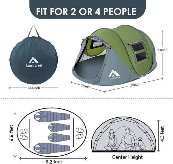 Green & Grey 110*78*51''4 Person Easy Pop Up Tent Waterproof Automatic Setup 2 Doors-Instant Family Tents for Camping Hiking & T