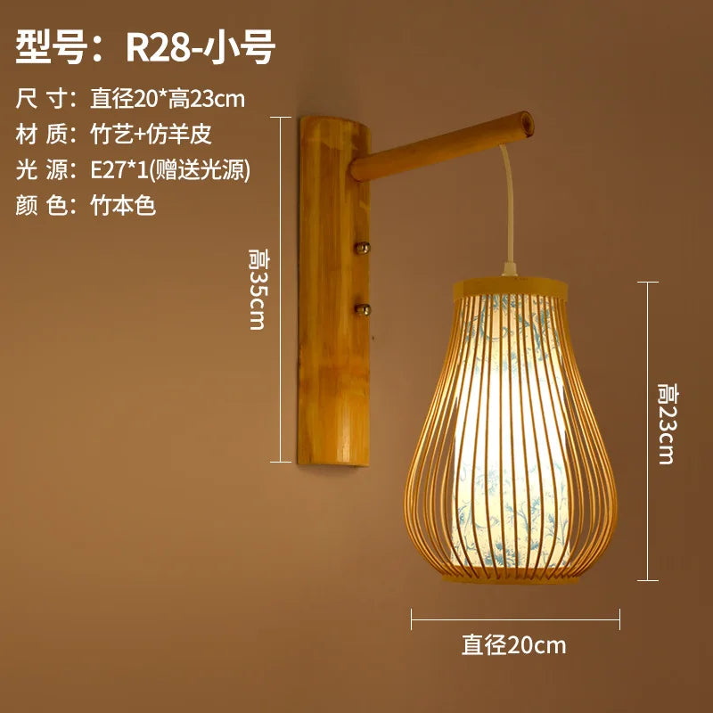 Classic Bamboo Wood Lustre Wall Sconce Lamp Rustic Ceiling Rattan Wicker Light Handmade Art Craft for Home Living Bed Room Decor