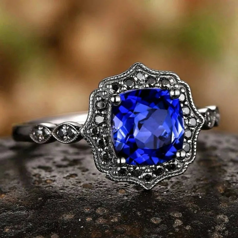 European and American new fashionable retro royal blue zircon inlaid personalized luxury versatile women's ring