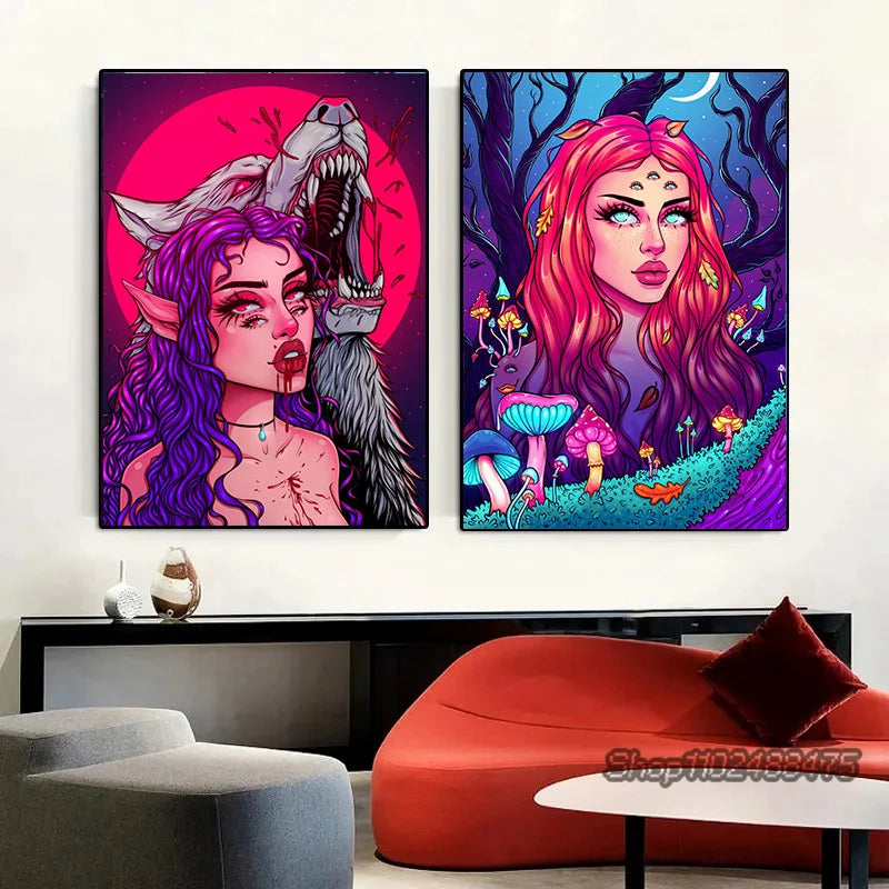 Cyber Punk Anime Neon Cool Girl Poster Aesthetic Purple Canvas Painting Wall Art Prints Pictures Gamer Room Home Decoration