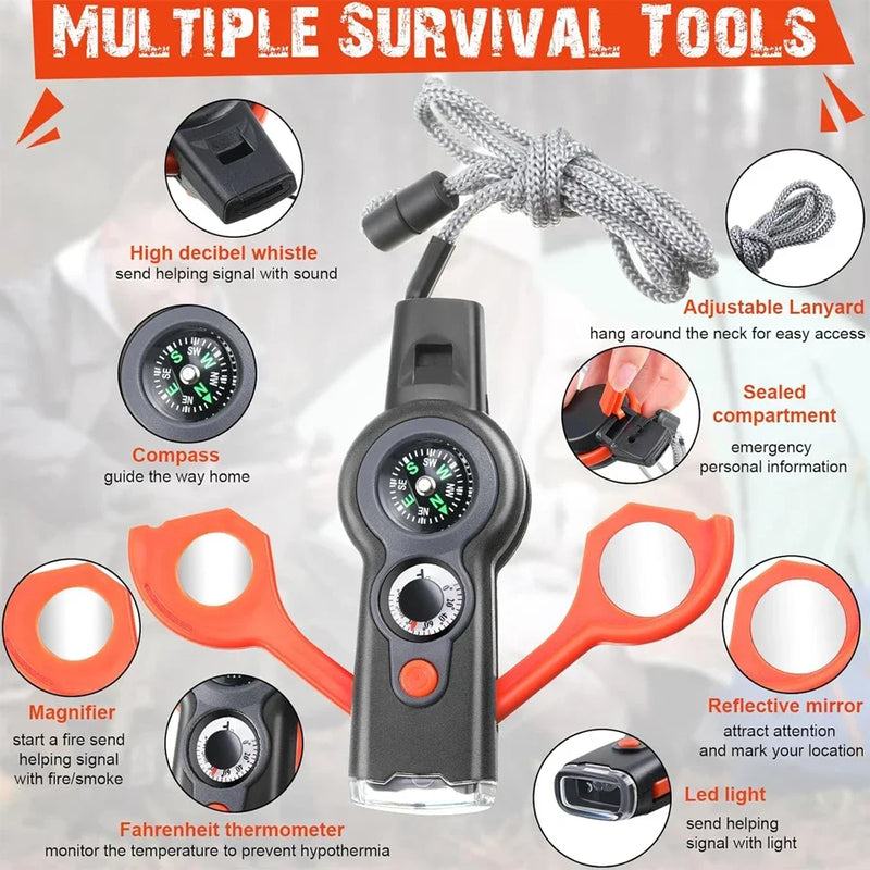 1 Emergency Survival Whistle with Lanyard Multifunctional Tool Multi-Functional LED Outdoor Compass Hiking Electronic Whistle