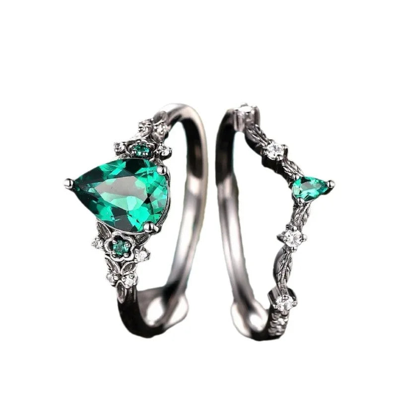 European and American fashion creative flower shape green zircon inlaid ring double layer women's ring