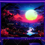Mountain Moon Blacklight Tapestry UV Reactive Glow in The Dark Tree  Neon Tapestry Wall Art Decor Aesthetic Party Backdrops