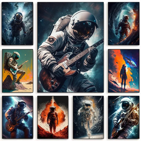 Astronaut Spaceman Oil Painting Wall Art Vibrant Sci-Fi Canvas Print Poster Colorful Outer Space Themed Living Room Decor Gift