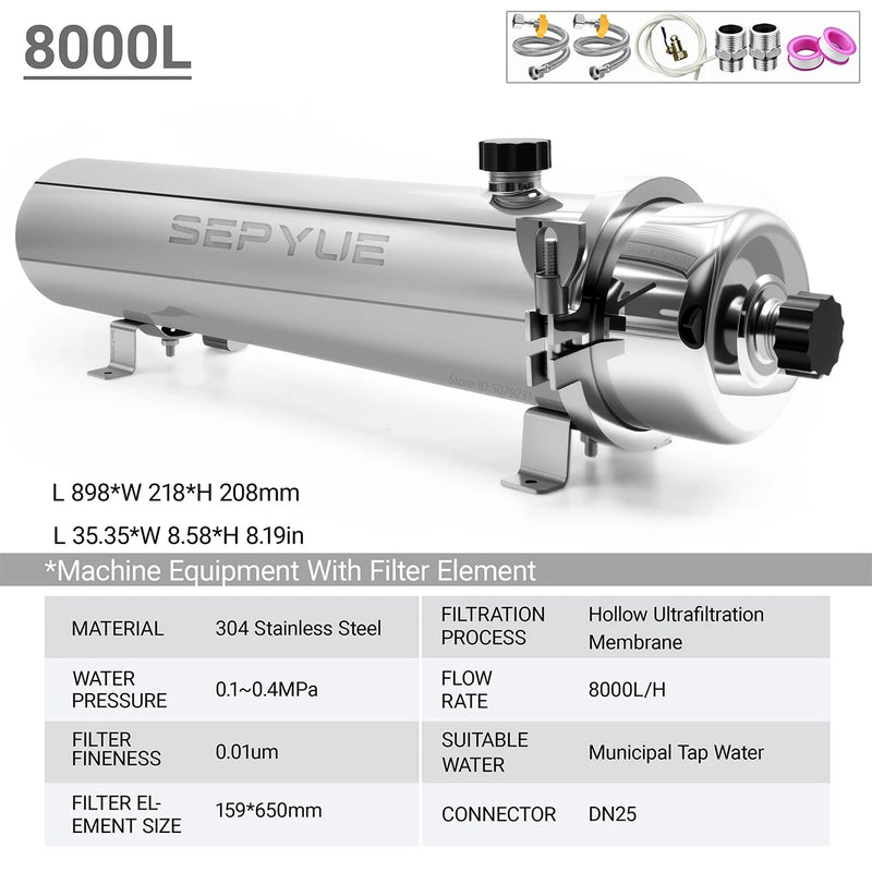SEPYUE Whole House High Flow Water Filter System 1000L-8000L Stainless Steel Mineral Water Filter Reusable PVDF Lasts 5 Years