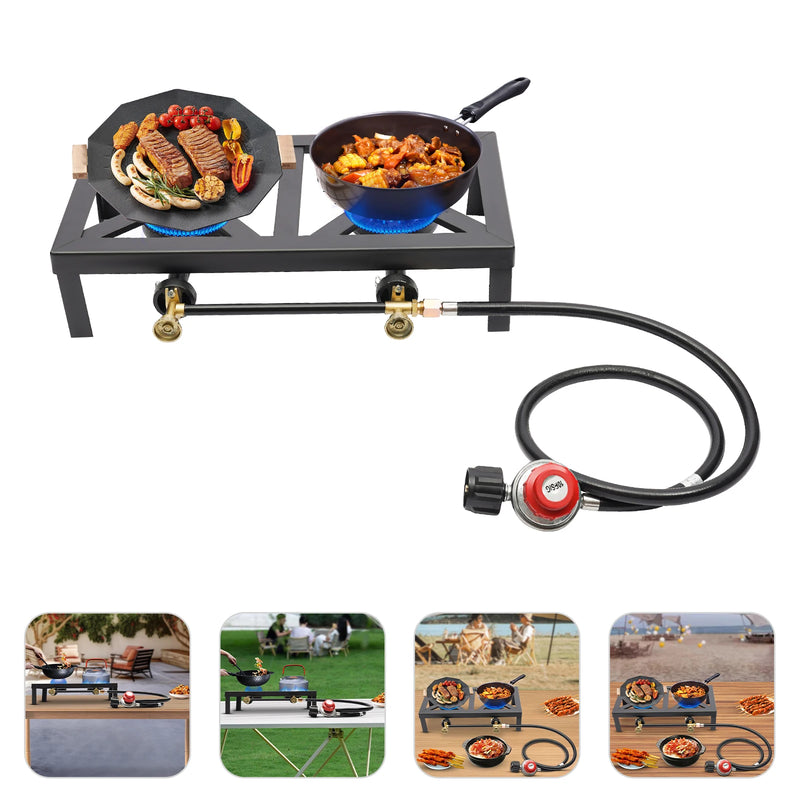 Double Propane Gas Burner Stove for Camping & Outdoor Cooking with Regulator Hose, Durable Iron Construction 0-10PSI