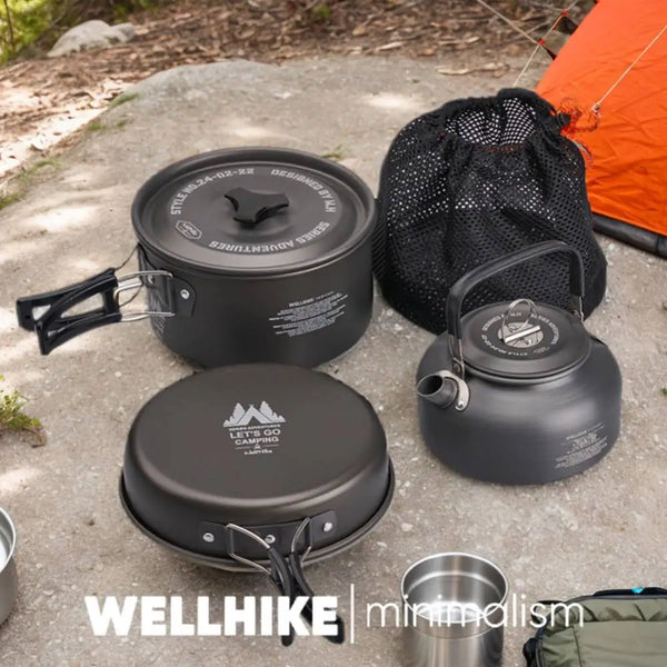 WELLHIKE Camping Cookware Set with Water Kettle Portable Camping Stove Tableware Pot Outdoor Fishing Camping Kitchen Supplies