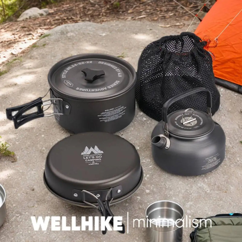 WELLHIKE Camping Cookware Set with Water Kettle Portable Camping Stove Tableware Pot Outdoor Fishing Camping Kitchen Supplies