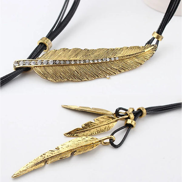 New Bohemian Style Rope Chain Leaf Feather Pattern Pendant For Women Fine Jewelry Collares Statement Necklace