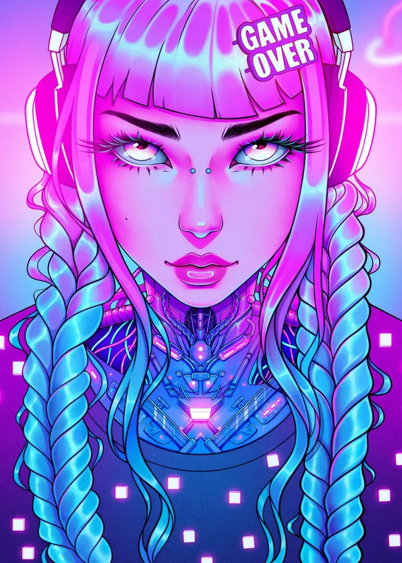 Cyber Punk Anime Neon Cool Girl Poster Aesthetic Purple Canvas Painting Wall Art Prints Pictures Gamer Room Home Decoration