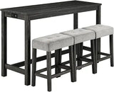 59'' Industrial 4 Piece Bar Table Set with Power Outlet, 3 Padded Stools for Kitchen, Living Room, Dining Room, Brown