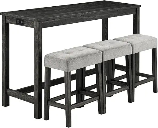 59'' Industrial 4 Piece Bar Table Set with Power Outlet, 3 Padded Stools for Kitchen, Living Room, Dining Room, Brown