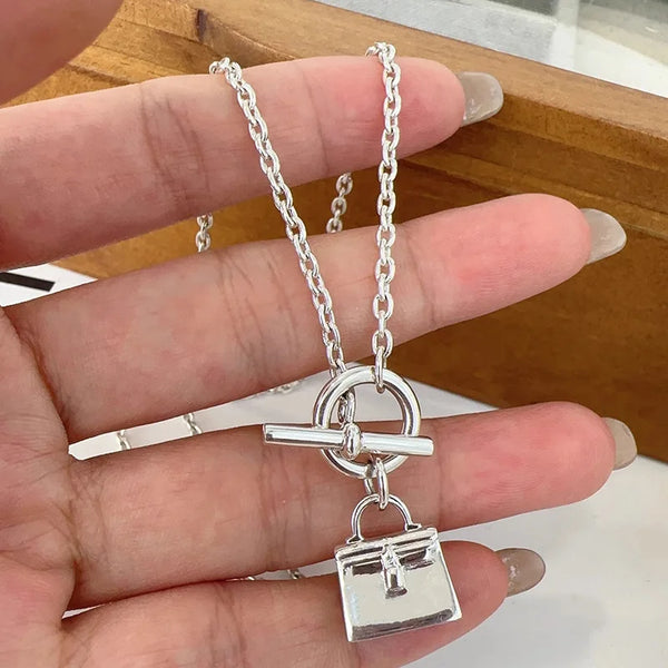 Sam Panda 925 Sterling Silver Bag Buckle Lock Necklace For Women Gift Irregular Trendy Jewelry Accessories Dropshipping