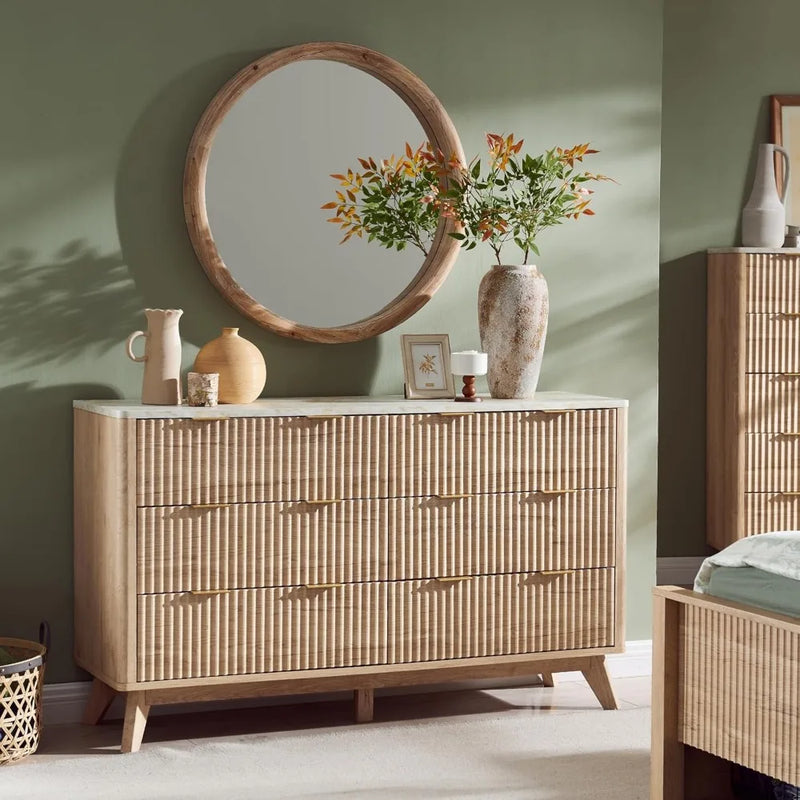 FlutedDresser, Modern Chest of Drawers with Faux Marble Top, Curved Profile Design, Wood Drawer Organizer for Bedroom