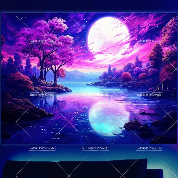 Mountain Moon Blacklight Tapestry UV Reactive Glow in The Dark Tree  Neon Tapestry Wall Art Decor Aesthetic Party Backdrops