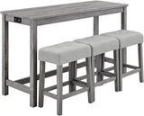 59'' Industrial 4 Piece Bar Table Set with Power Outlet, 3 Padded Stools for Kitchen, Living Room, Dining Room, Brown