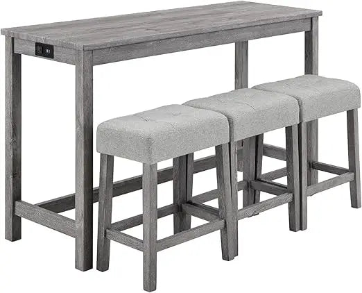 59'' Industrial 4 Piece Bar Table Set with Power Outlet, 3 Padded Stools for Kitchen, Living Room, Dining Room, Brown