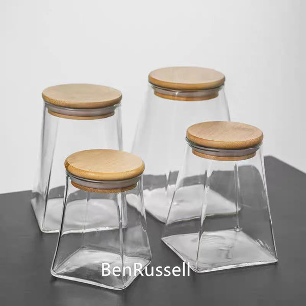 Square Bottom Circular Mouth Micro Landscape Glass Jars with Bamboo Lid Glass Vase Succulent Moss Bansai Glass Terrarium