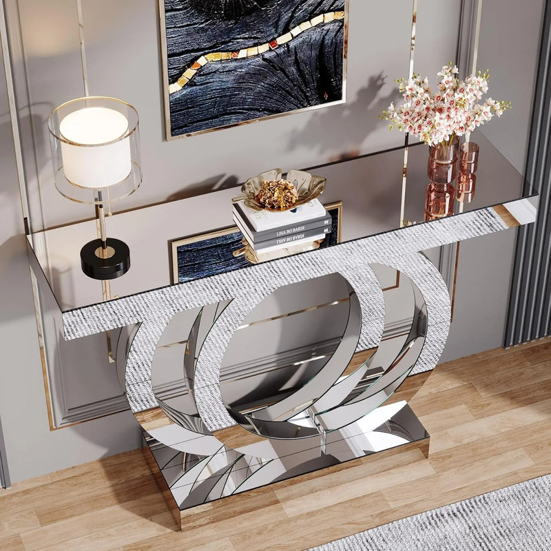 43.3-Inch Mirrored Console Table, Entryway Table with Thickened Mirror Finish Tabletop, Glass Sofa Table Foyer Table