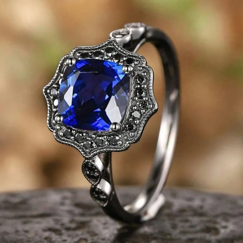 European and American new fashionable retro royal blue zircon inlaid personalized luxury versatile women's ring