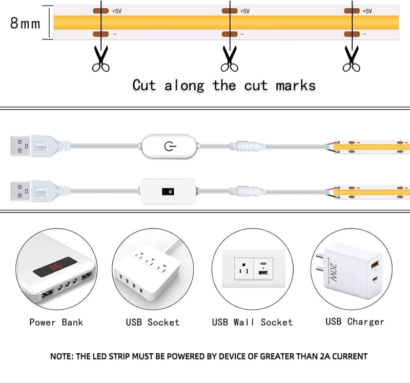 1m-5m USB COB LED Strip Light 5V 320LEDs/m DIY TV Mirror Backlight Flexible Ribbon Tape Touch Sensor Dimmable Kitchen Room Lamp