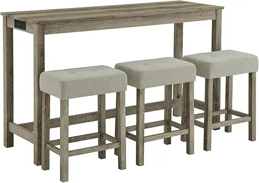 59'' Industrial 4 Piece Bar Table Set with Power Outlet, 3 Padded Stools for Kitchen, Living Room, Dining Room, Brown