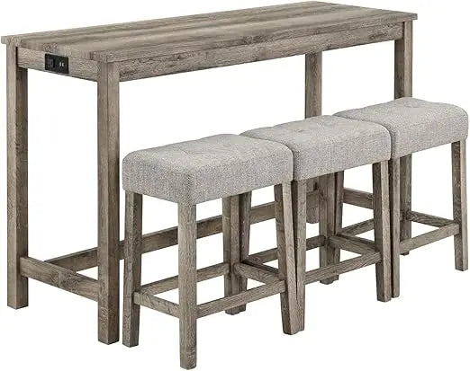 59'' Industrial 4 Piece Bar Table Set with Power Outlet, 3 Padded Stools for Kitchen, Living Room, Dining Room, Brown