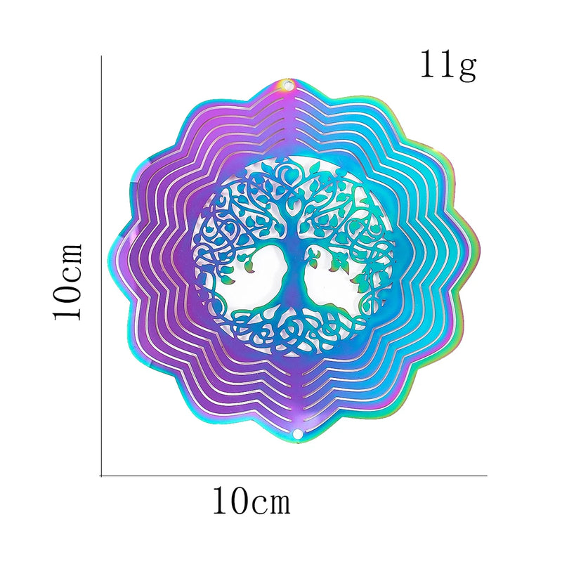 Gradient Color Wind Spinner Tree of Life Rotating Hanging 3D Mirror Wind Chimes Catcher Attachment Bird Deterrent Garden Decor