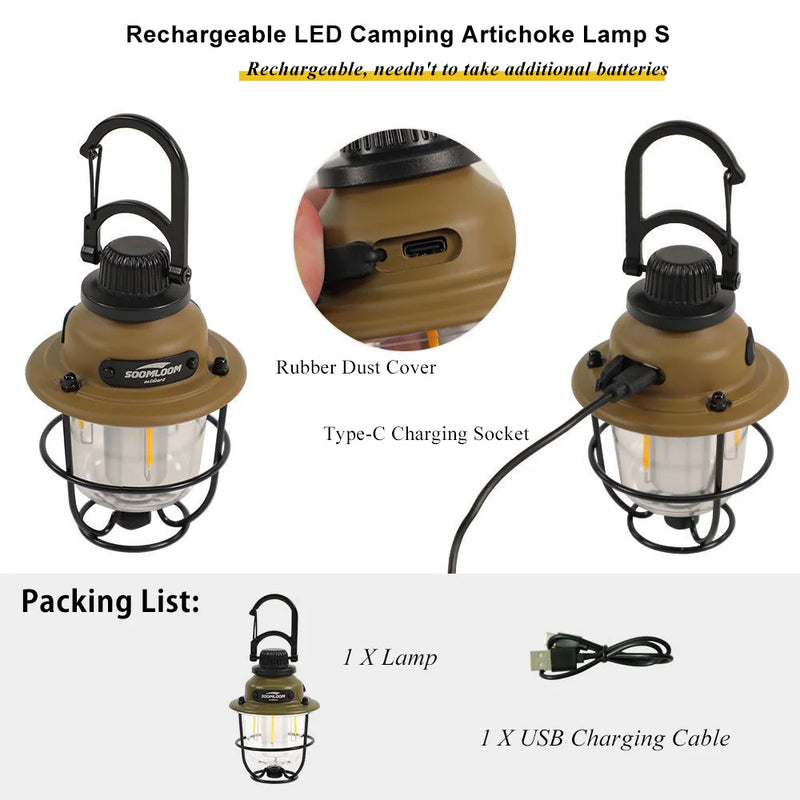 Soomloom Rechargeable LED Camping Lights Retro Waterproof Artichoke Lantern Camping Artichoke Lamp for Outdoor Hiking 1800-6500K