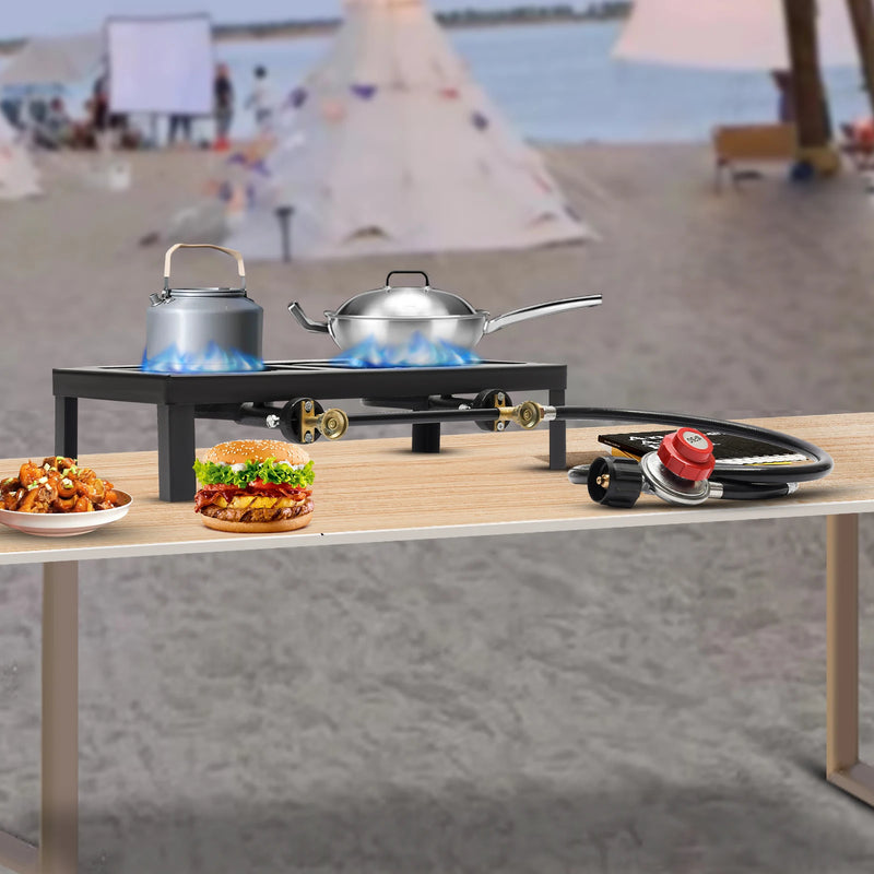 Double Propane Gas Burner Stove for Camping & Outdoor Cooking with Regulator Hose, Durable Iron Construction 0-10PSI