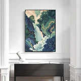 Hokusai Ukiyo-e Blue Green Waterfall Canvas Print Traditional Japanese Art Vintage Wall Poster Asian Landscape Art Home Decor