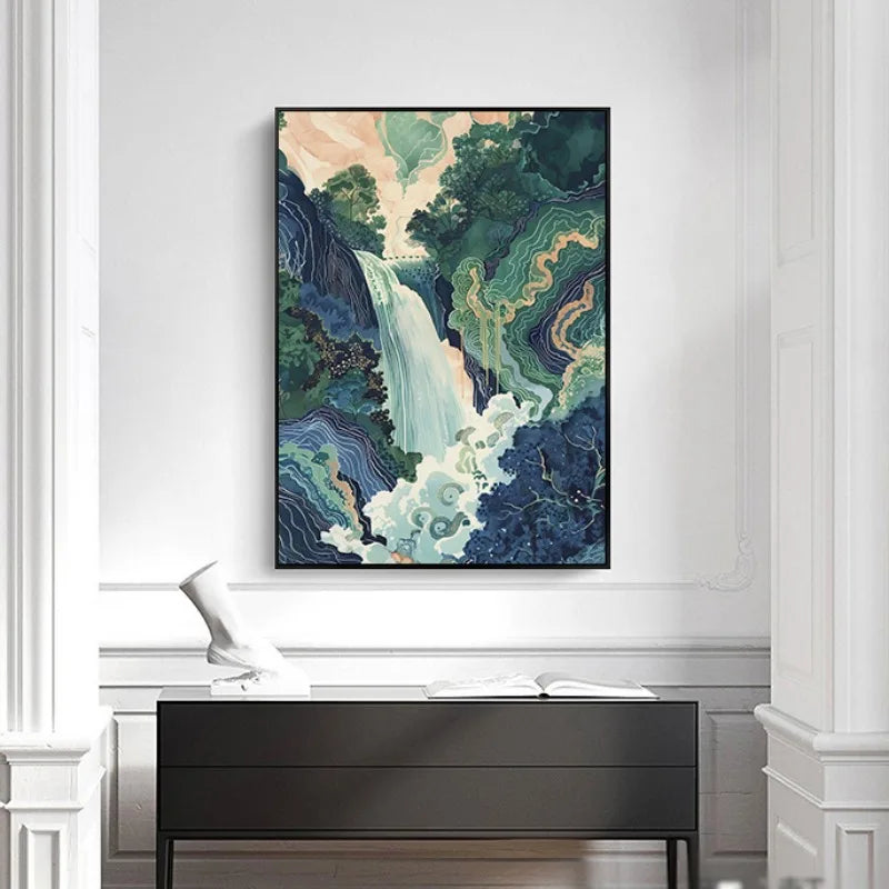 Hokusai Ukiyo-e Blue Green Waterfall Canvas Print Traditional Japanese Art Vintage Wall Poster Asian Landscape Art Home Decor