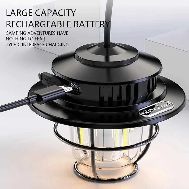 LED Camping Lantern Retro Hanging Light Portable Stepless Dimming Waterproof Rechargeable Outdoor Camping and Emergency Lighting