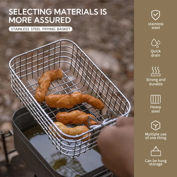 CAMPINGMOO S-1218 Outdoor Fried Nets and Baskets, Camping Folding 304 Stainless Steel Fried French Fries, Picnic Lunch Boxes
