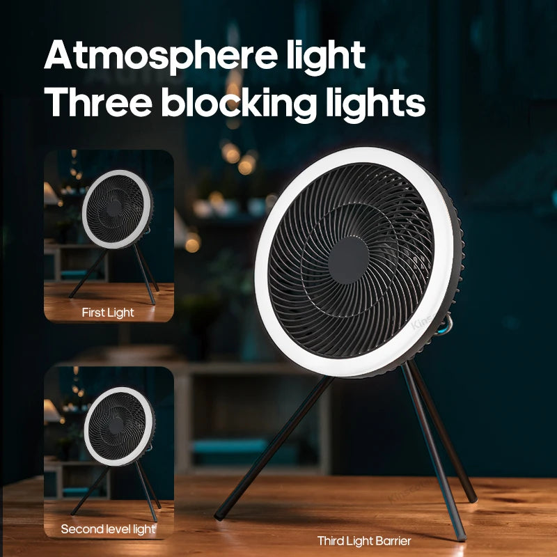 Outdoor Camping Fan Rechargeable Desktop 10000mAh Portable Circulator Wireless Ceiling Electric Fan with Power Bank LED Lighting