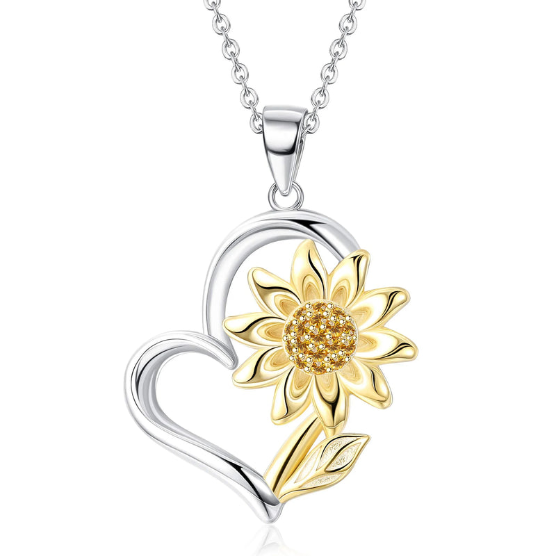 Fansilver Pendant Necklace S925 Sterling Silver Chain Gold Plated Sunflower Heart Chain with Shiny Cubic Zirconia Cute Jewelry