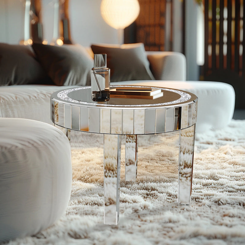 LUVODI Luxury Modern Round Mirrored Accent Side Table with Crystal Diamonds Inlay for Bedside Table