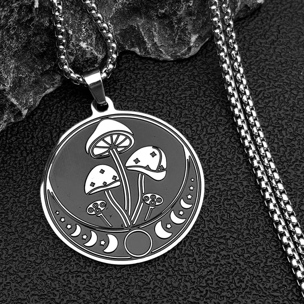 Witchcraft Mushroom Moon Star Pendant Necklace For Women Men Stainless Steel Silver Color Magic Gothic Dark Chain Jewelry Gifts