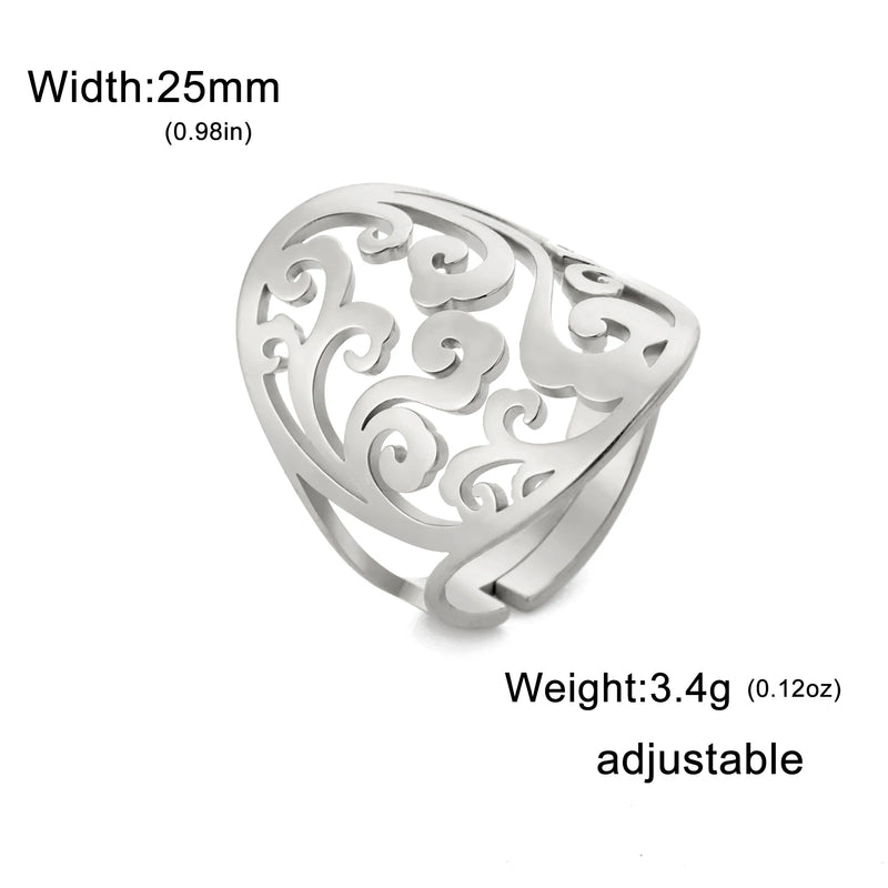 COOLTIME Vintage Filigree Flower Wave Adjustable Ring for Women Stainless Steel Aesthetic Rings Bohemian Jewelry Wedding Gift