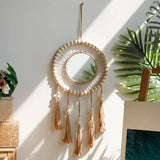 Wall Mirror Macrame Wooden Beads Decorative Mirrors Boho Home Decoration Room Decors Aesthetic Wall Art For Living Room Bedroom