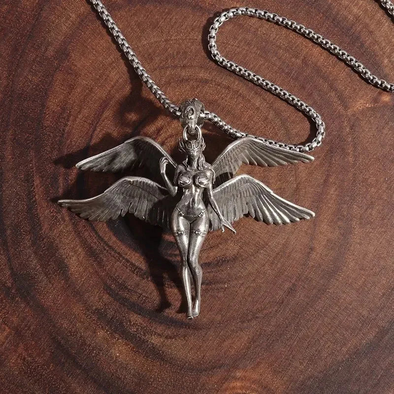 Retro Fallen Angels Necklace for Men Women Holy Four Wings Angel Goddess Pendent Punk Personality Jewelry Anniversary Gifts