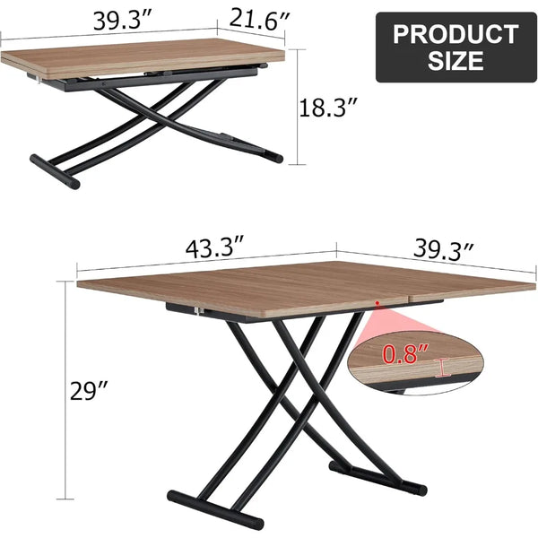 43.3" Folding Dining Table, 4 in 1 Multi-Function Table with MDF Tabletop & Height Adjustable, Lift Top Coffee Table Converts to