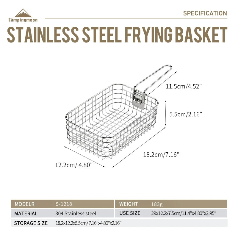 CAMPINGMOO S-1218 Outdoor Fried Nets and Baskets, Camping Folding 304 Stainless Steel Fried French Fries, Picnic Lunch Boxes