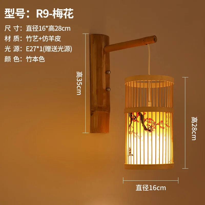 Classic Bamboo Wood Lustre Wall Sconce Lamp Rustic Ceiling Rattan Wicker Light Handmade Art Craft for Home Living Bed Room Decor