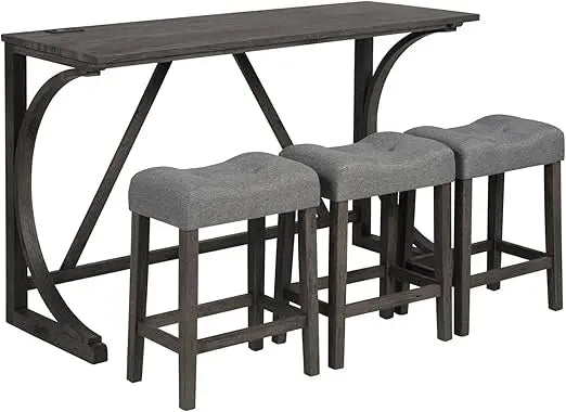 59'' Industrial 4 Piece Bar Table Set with Power Outlet, 3 Padded Stools for Kitchen, Living Room, Dining Room, Brown