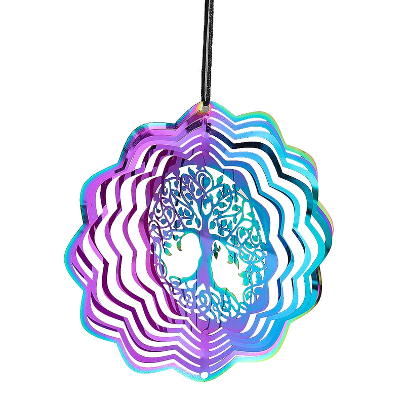 Gradient Color Wind Spinner Tree of Life Rotating Hanging 3D Mirror Wind Chimes Catcher Attachment Bird Deterrent Garden Decor