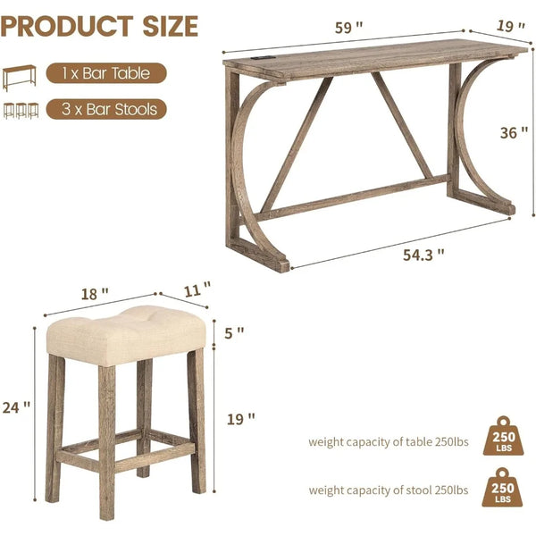 59'' Industrial 4 Piece Bar Table Set with Power Outlet, 3 Padded Stools for Kitchen, Living Room, Dining Room, Brown